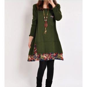 Green Woman Dress Lady Cotton Solid Floral Loose..