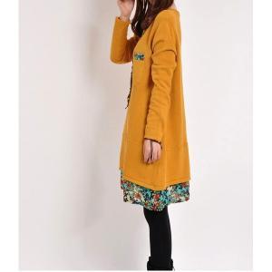 Yellow Woman Dress Lady Cotton Solid Floral Loose..