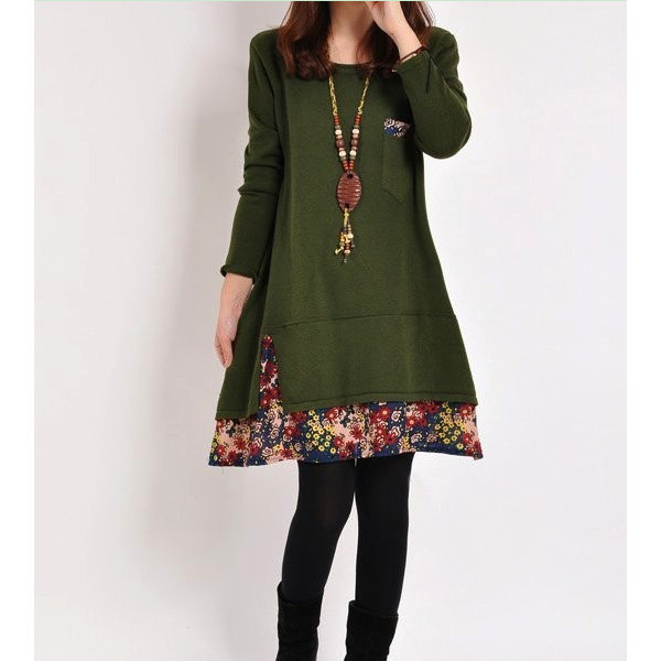 Green Woman Dress Lady Cotton Solid Floral Loose Long Casual Leisure Long Sleeve(0016)