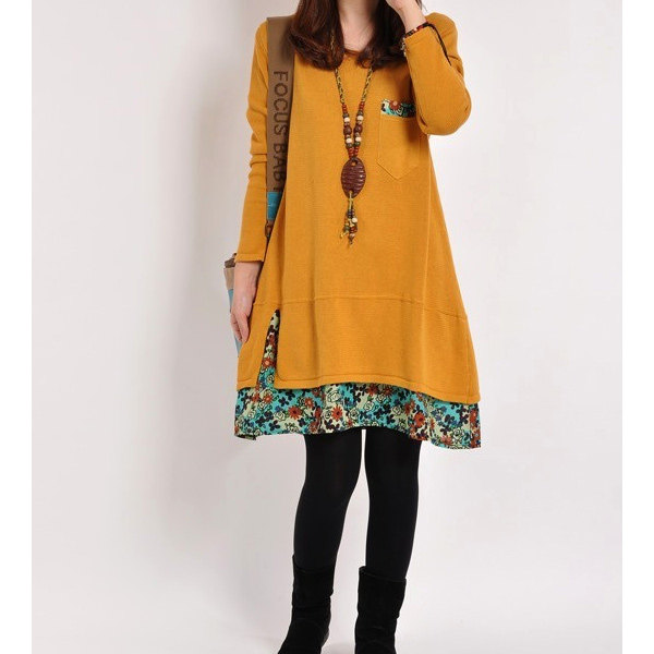 Yellow Woman Dress Lady Cotton Solid Floral Loose Long Casual Leisure Long Sleeve(0016)