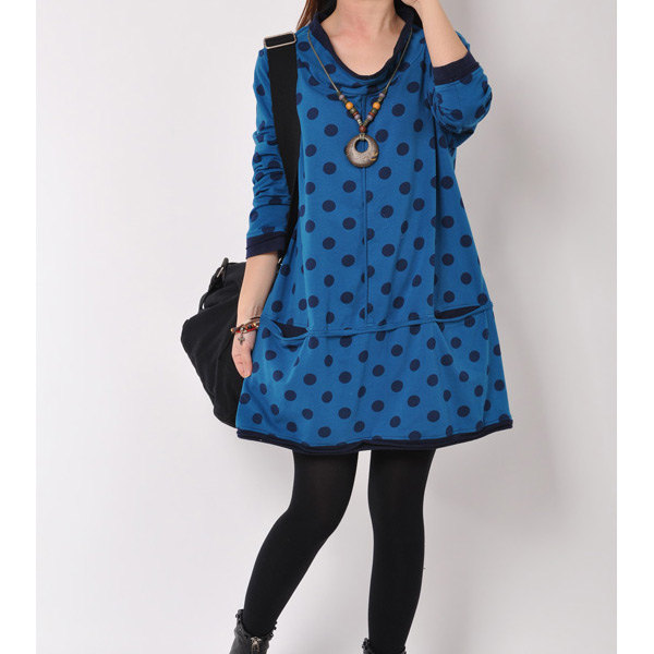 Blue Woman Irregular Cotton Polka Dot Short Dress Lady Solid Loose Casual Leisure Long Sleeve(0019)