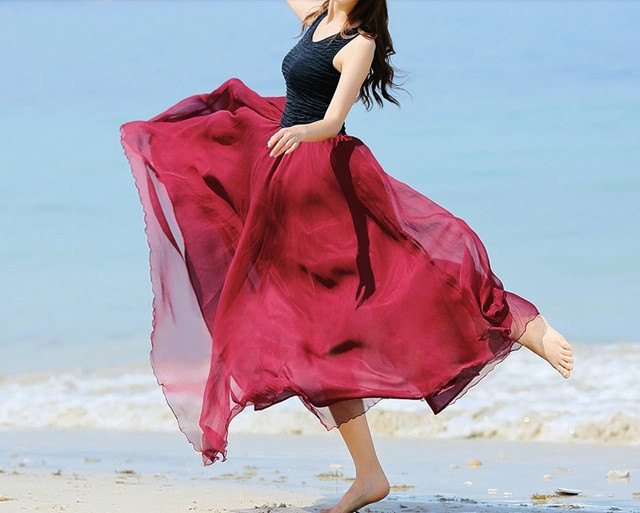 Wine Red Woman Lady Bohemian Long Silk Chiffon Casual Leisure Beach Maxi Skirt(0020)